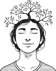 Black and white line art of a person with a tree growing out of their head, symbol of imagination, minimal doodle style vector 3