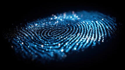 macro shot of glowing blue fingerprint on dark background representing biometric security and digital identity