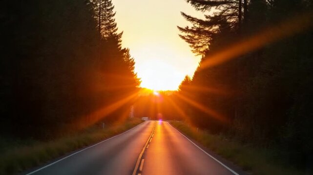 An empty road winding through a picturesque forest at sunset