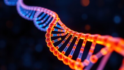Close up of a glowing vibrant double helix dna strand against a dark background
