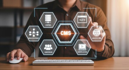 CMS Interface with Developer Touching Digital Screen Featuring Web Hosting, Coding, User Management, and Media Icons
