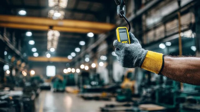 Medium shot of a worker calibrating safety sensors on crane rigging gear main subject clear heavy machinery blurred for dynamic industrial depth.