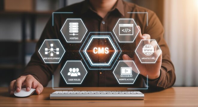CMS Interface with Developer Touching Digital Screen Featuring Web Hosting, Coding, User Management, and Media Icons