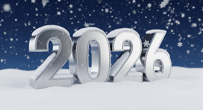 3D render of metallic numbers 2026 covered in snow on a winter night with snowflakes falling and a starry sky