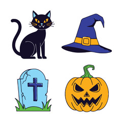 Halloween icons black cat, witch hat, tombstone, and pumpkin