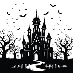 Silhouette of a haunted castle with bats and spooky trees