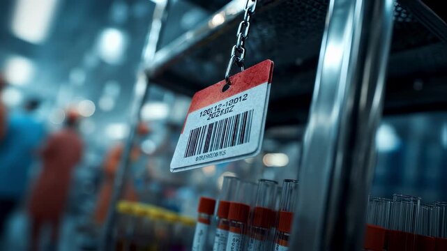 Medium shot with emphasis on a water sample cooler tag and chainofcustody barcode background showing indistinct lab staff and samples.
