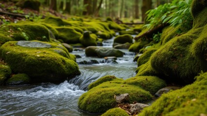 Lush green moss covered rocks line a flowing stream in a serene forest setting