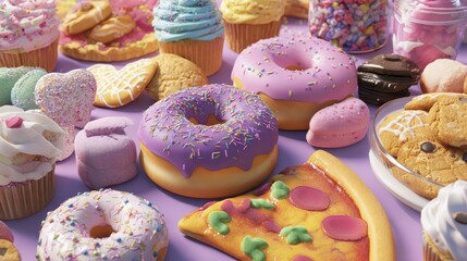 sweet treats galore a delightful spread of colorful donuts cupcakes cookies and pizza