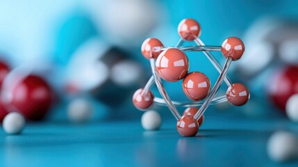 A close-up view of a molecular structure with spheres and connecting rods.