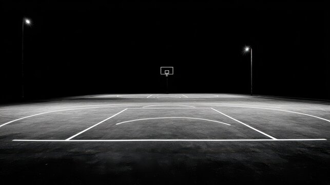 a minimalist black and white photograph of a basketball court with stark contrasts and bold lines