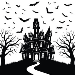 Creepy haunted castle with many bats and bare trees isolated on white background