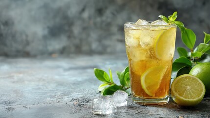 Fototapeta premium iced lemonade or lemon cocktail takeaway iced tea portion on the table for healthy meal snack outdoor top view copy space for text food background rustic image keto or paleo diet no logos no brands a