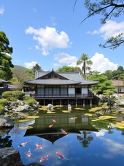 Tranquil japanese garden with traditional house and koi pond on a sunny day