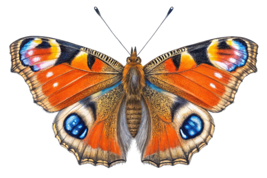 Vibrant peacock butterfly with orange wings isolated on transparent background