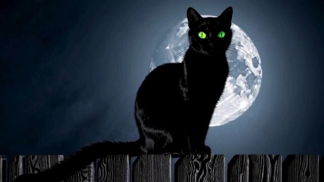 Halloween night black cat in moonlight with glowing eyes arched back and mysterious silhouette
