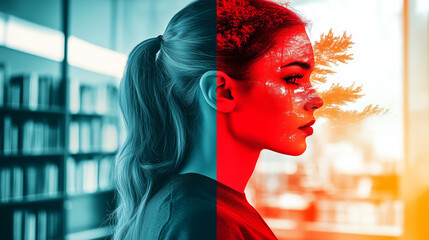 double exposure librarian portrait full face library bookshelves personal life creative cultural artwork