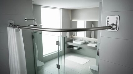 Wide shot of a bright bathroom featuring a curved shower rod attached to drywall with reliable anchor mounts emphasizing functional design.