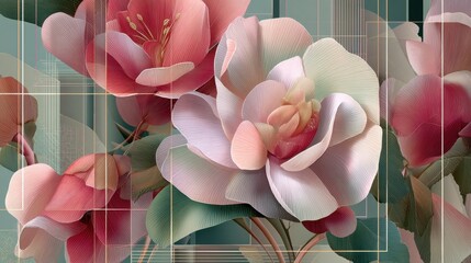 elegant abstract flowers in soft pastels blending art deco and cubism with geometric glass frames white lines and smooth shading modern highresolution and luminous design