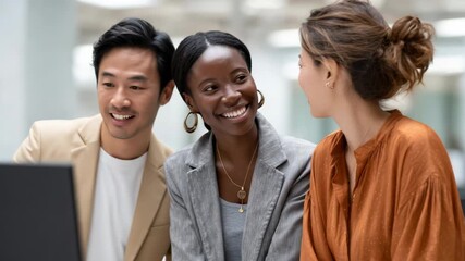 Multi ethnic colleagues, engaged in a collaborative work session, share smiles and laughter as they gather around a laptop, displaying teamwork and positive office dynamics