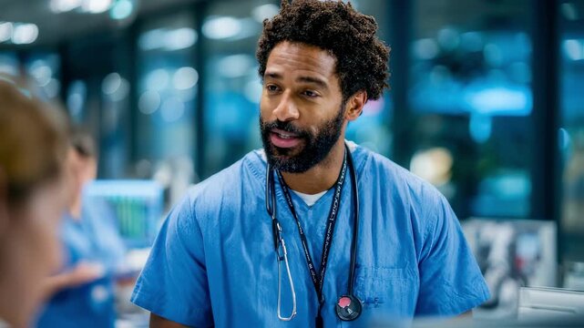 Midrange shot of a CDI specialist discussing query clarifications with a physician with focus on the specialist and a blurred medical team behind.