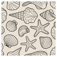 This elegant seamless pattern showcases hand-drawn line art of various seashells and starfish, set against a soft beige background. The intricate yet minimalist design highlights the beauty of marine.