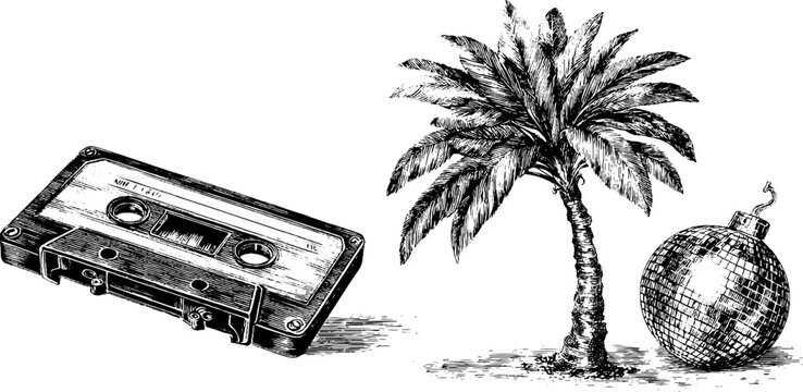 Nostalgic neon cassette and disco ball with palm tree engraving - vintage design for retro themes