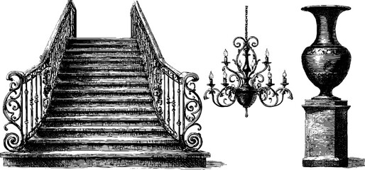 Elegant palace interior elements - engraved illustration set featuring grand staircase, chandelier, and vase