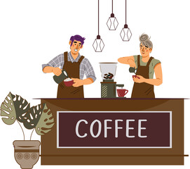 Baristas making coffee with coffee machine. Banner template for coffee shop or cafe bar.