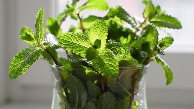 Fresh mint leaves in glass vase