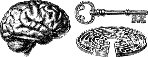Psychology engraved illustration set with brain, key, and maze design for educational use