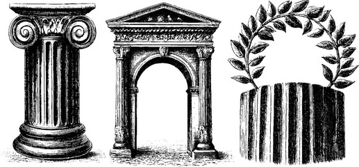 Roman architecture engraved illustrations set featuring classical columns and arches