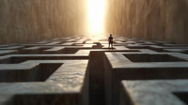 Labyrinth search path: person dilemma, complex maze, mental puzzle, hidden route, lost wanderer, challenge choice, twisted journey, trapped mind, hopeful effort, exit mission, courage test,