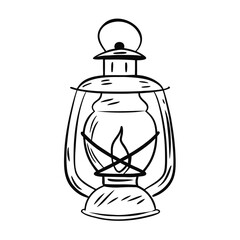 Black and white sketch of a vintage oil lantern with a flame lamp light