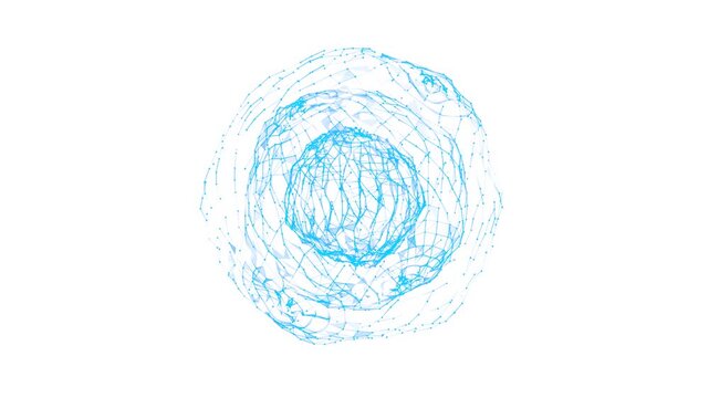 Blue sphere logo animation with glowing core and chaotic mesh of dots lines and triangles alpha channel quicktime transparent background intro for business presentation or promo video