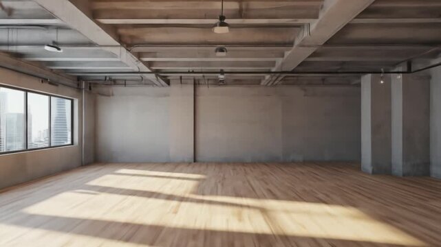 Spacious empty modern office interior with wooden floor and large windows revealing city skyline