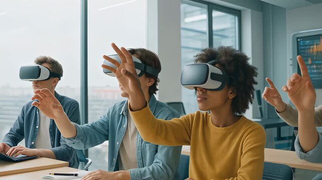 students explore holograms together, future classroom sparks teamwork, gestures switch apps while future classroom skills grow, employers seek future classroom talent. concept collaborative training