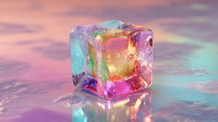 colorful ice cube illuminated by soft light in an artistic setting with pastel shades