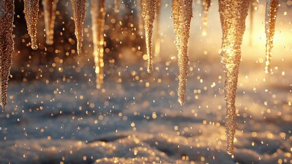 Close-up of shimmering icicles illuminated by warm sunlight, with falling snow and a soft, dreamy winter background. - Powered by Adobe