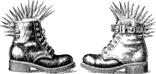 Punk subculture fashion: engraved illustration set of spiked boots for retro design
