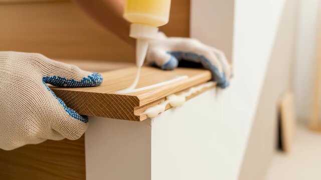 Side angle view of fitting oak stair tread onto riser with glue for sleek modern staircase renovation.