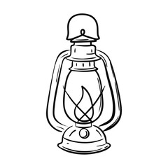 Black outline drawing of a vintage kerosene lantern with a flame lamp light