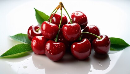 vibrant bunch of sweet and juicy red cherries with green leaves