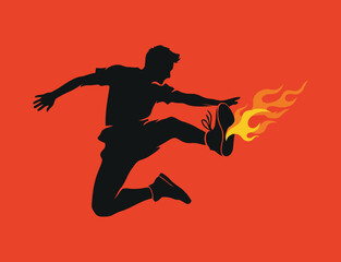 Silhouette of a man jumping with flames on his shoes against red background