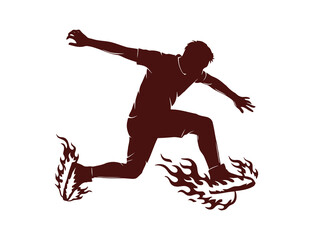 Silhouette of a man jumping with flames on his shoes against orange background
