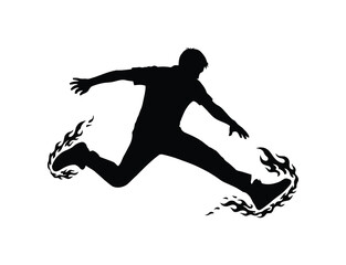 Silhouette of a man leaping with flames on his shoes