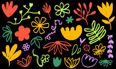 Set of colorful neon floral doodles on a black background. Vibrant hand drawn abstract flowers and leaves with a crayon texture for retro 80s style designs.