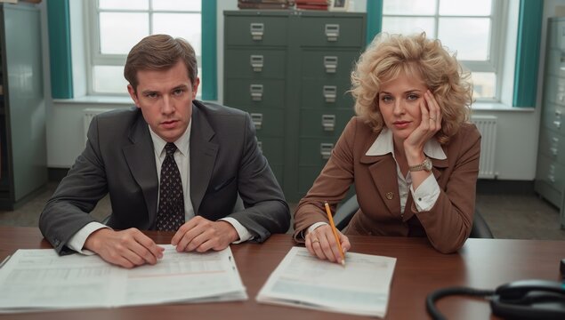 1980s colleagues review detailed spreadsheets at large wooden office table
