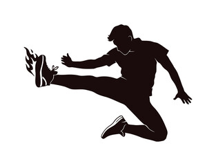 Silhouette of a man kicking with flames on a gradient background