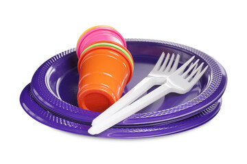 Set of disposable plastic dishware isolated on white